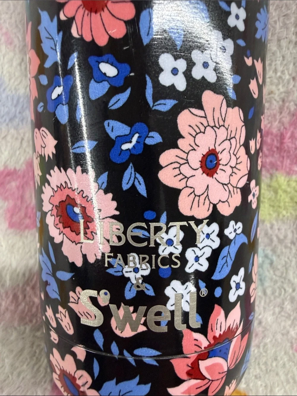 S'well Black Floral Stainless Steel Water Bottle with Pink & Blue Flowers